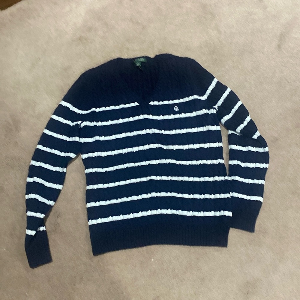 Ralph Lauren navy and white v-neck sweater.